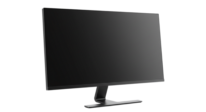Slim black monitor screen angled view isolated on transparent background, ideal for computer hardware mockups, office setup visuals, tech ads, and device UI design presentations
