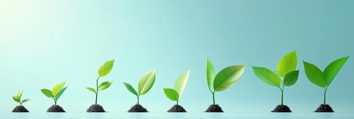 Several green plants on a light blue background show different stages of growth in dark mounds.