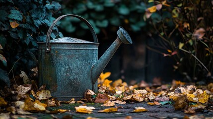 Old watering can beside leafy garden patch.