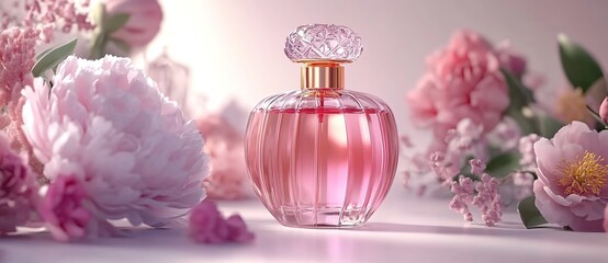 Pink perfume bottle surrounded by peonies in pink, white, purple, and green leaves.