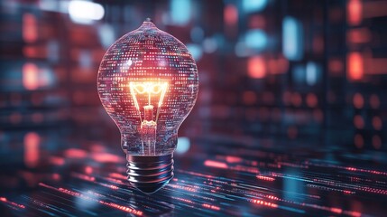 A lightbulb bursting into a colorful explosion of digital data, signifying new ideas