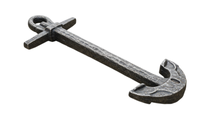 Old nautical anchor facing down isolated on transparent background, ideal for sea adventure logos, cruise travel graphics, boat accessory illustrations, and shipbuilding industry visuals