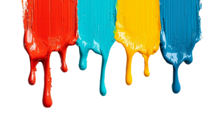 Png of Dripping vibrant paints in red, blue, yellow, and turquoise create a splash of color on a black background.