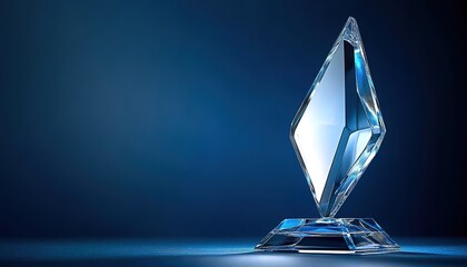 Crystal trophy with diamond-shaped top and faceted base illuminated on dark blue background.