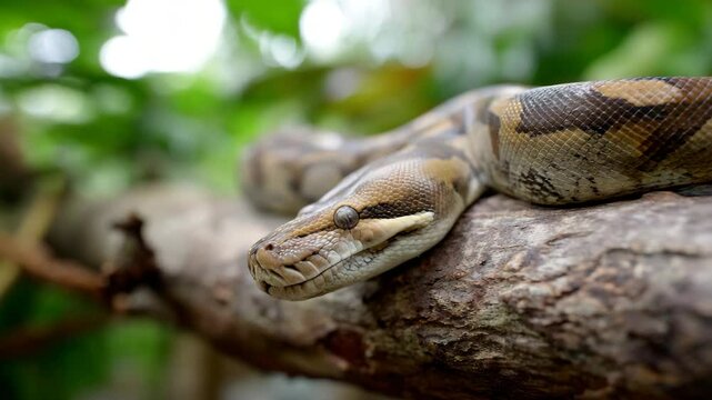 A majestic python snake lounges gracefully on a sturdy tree branch amidst lush greenery, embodying the beauty of nature and wildlife in its vibrant habitat.