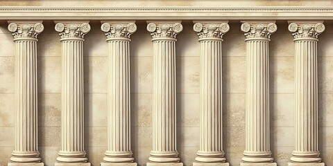Fototapeta premium Several white columns in the classical style stand in front of the stone wall, creating a ancient Greek architecture solemn atmosphere.