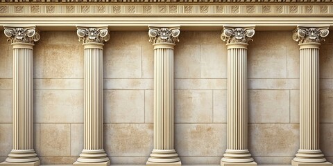 Obraz premium Several white columns in the classical style stand in front of the stone wall, creating a ancient Greek architecture solemn atmosphere.