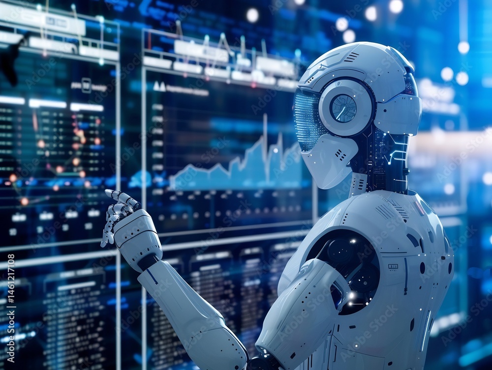 Poster futuristic ai humanoid analyzing complex data streams in a digital interface