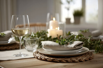 Fototapeta premium elegant dinner table set for festive occasion featuring natural materials like wood greenery and floral