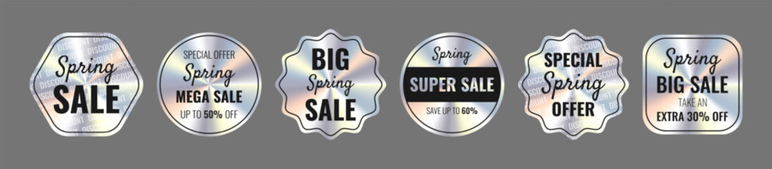 Tags and stickers with holographic effect: Spring Sale, Super Sale, Special Spring Offer, Up to 50-60% Off, Extra 30% off. Hologram various geometric shapes. 
Sticker collection for sale. 