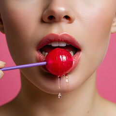 close up studio shot of a white young woman with lollipop