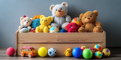 A wooden box filled with colorful teddy bears and balls, placed on an indoor floor, creating a children's fun atmosphere.