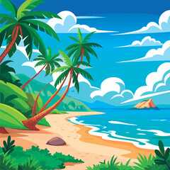 Obraz premium Vector illustration of a Tropical beach paradise scene.