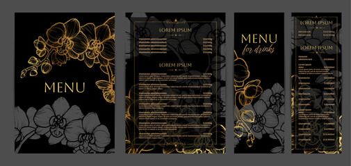 Luxurious food and drinks menu designs. Restaurant menu template. Elegant vector A4 format with high quality flowers for print and online usage. Golden hand drawn line art exotic orchid illustrations. © Muza