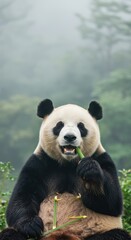 Fototapeta premium Adorable Giant Panda Enjoying a Bamboo Lunch in Misty Mountain Habitat