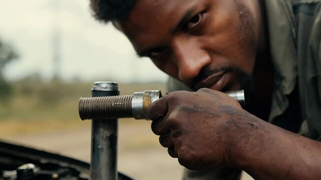 Auto mechanic peers into open engine bay on dusty road; mechanic listens for faults, mechanic adjusts tools with steady hands, mechanic restores vehicle confidence. Road-repair concept