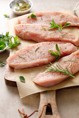 Meat. Raw turkey tenderloin meat, turkey steaks with ingredients for cooking