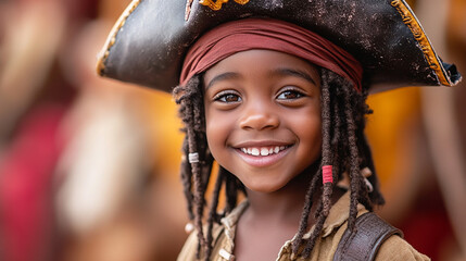 Smiling pirate child at festival with blurred crowd