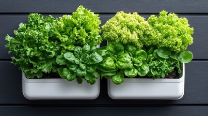 Two white wall-mounted planters, filled with vibrant green leafy greens, including lettuce and other herbs.  Fresh produce displayed on a dark gray wooden background