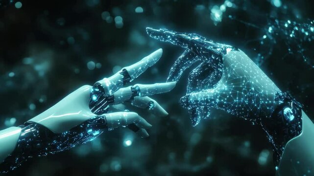 Two robotic hands are touching each other in a blue and green background. The scene is futuristic and gives off a sense of wonder and curiosity