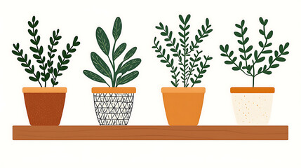 Fototapeta premium Flat art style illustration of various potted green plants shelf creates calm and natural home decor scene. Copy space