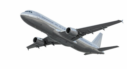 Metallic silver passenger plane, high resolution close-up, realistic, vector-friendly.