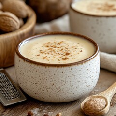 Creamy bechamel sauce with nutmeg in rustic bowl