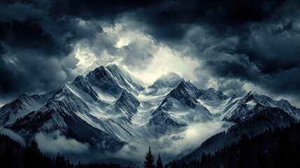Obraz premium Dramatic mountain range shrouded in a stormy sky.