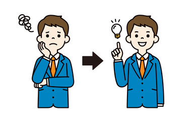 考える表情と閃いた表情の、若いビジネスマンのベクターイラスト素材＿線幅の編集可能＿カラー	