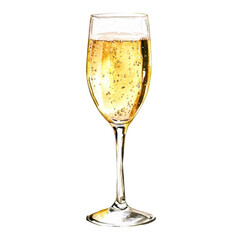 Delicate champagne glass with effervescent bubbles, cut out - stock png.