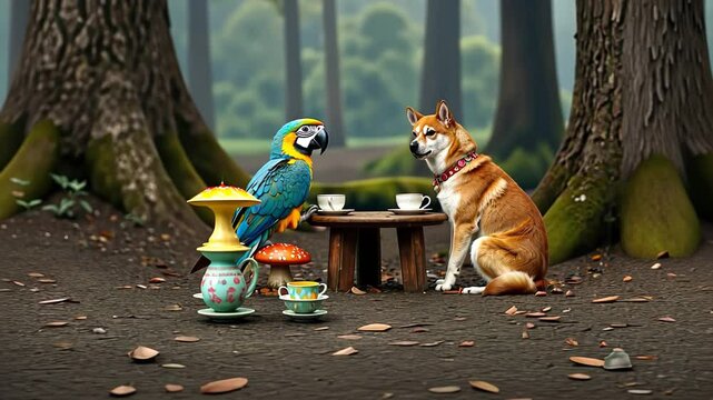 Parrot and Dog Enjoying Tea Time in a Forest Setting  
