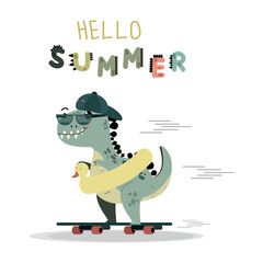 Cute summer illustration Dinosaur . Congratulations . Invitation .