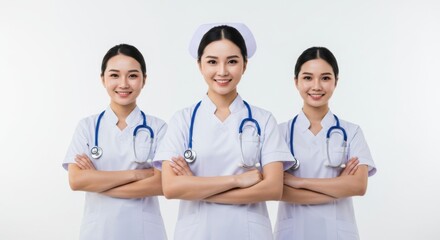 Fototapeta premium Three confident female nurses in white uniforms with stethoscopes, standing side by side and smiling