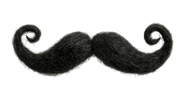 Png of A whimsical, thick black mustache with curly tips, perfect for playful or vintage-themed designs.