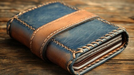 A handcrafted leather wallet, featuring a distressed blue and tan design, sits on a wooden surface.  The wallet is closed and shows card slots inside