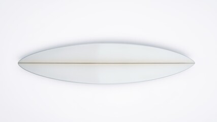 A pristine white surfboard with a subtle tan center stripe rests on a clean white background ideal for surfing websites or blogs.