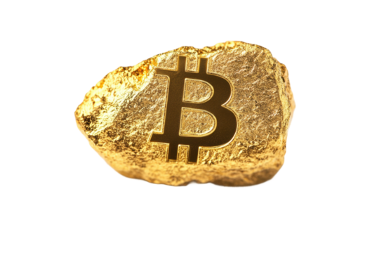 Golden bitcoin symbol on rock reflecting cryptocurrency wealth and value, cut out - stock png.