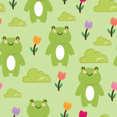 Obraz premium Seamless pattern cute cartoon frog with tulips flowers and leaves. cute animal pattern for wallpaper and background