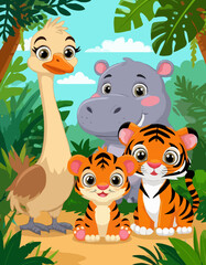 Fototapeta premium Colorful cartoon animals posing in a vibrant jungle background 