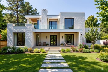 modern house with white travertine stone fa&Atilde;&sect;ade, surrounded by a green garden and sunny ambiance.