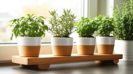 Three small potted herbs, basil and rosemary, sit on a light wooden windowsill planter