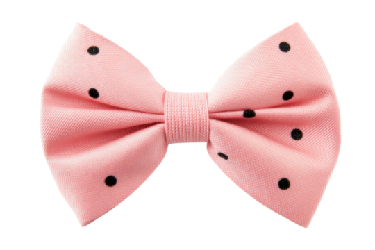 Pink polka dot bow tie with black dots close-up, cut out - stock png.