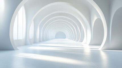 Naklejka premium Modern Architecture with White Arched Passages and Natural Sunlight Creates a Serene Ambiance