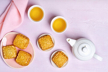 Teapots and mooncakes. Chinese Mid-Autumn Festival concept