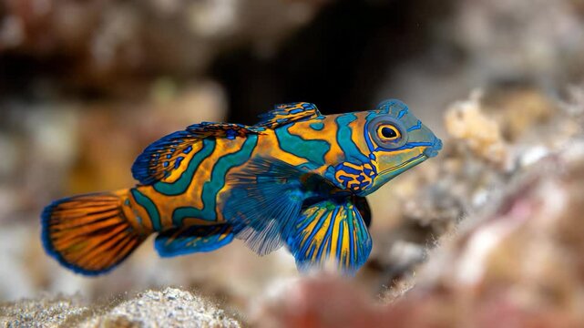 A vibrant mandarinfish swims gracefully through coral reefs, showcasing its breathtaking colors and intricate patterns, embodying the beauty of marine life and ocean ecosystems.