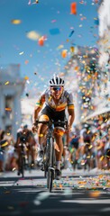 Smiling cyclist rides through colorful street confetti during outdoor event in vibrant celebration. Champion. Concept of professional sport, celebration, events - obrazy, fototapety, plakaty