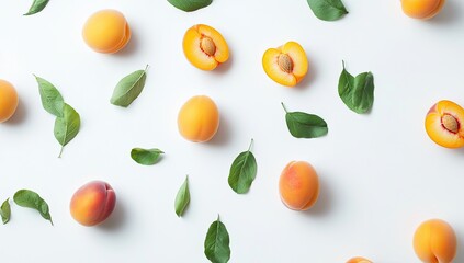 Fresh apricots and leaves on white background.  Arrangement of whole and halved apricots with green leaves scattered on a plain white surface