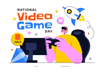 National Video Game Day Vector Illustration Featuring a Modern Game Console, Professional Gamer Setup, and Live Streaming Concept Background © denayune