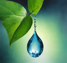 Illustration of water drop with green leaves.