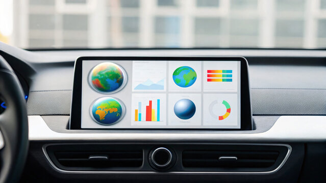 Digital display with data visualization and analytics in modern car interior dashboard